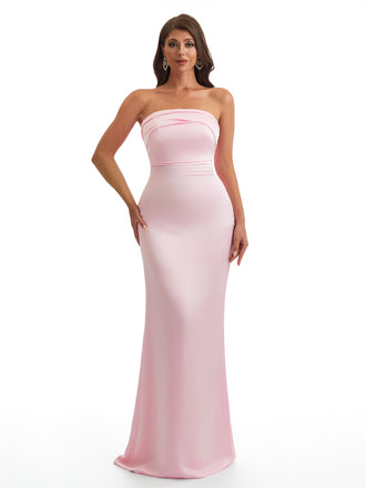 Simple Strapless Mermaid Silky Satin Long Bridesmaid Dresses With Bow Knot