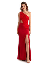 Sexy Side Slit Mermaid Lace Silky Satin One Shoulder Chic Long Evening Formal Dresses