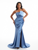 Sexy Strapless Mermaid Soft Satin Side Slit Ruched Long Bridesmaid Dresses Online