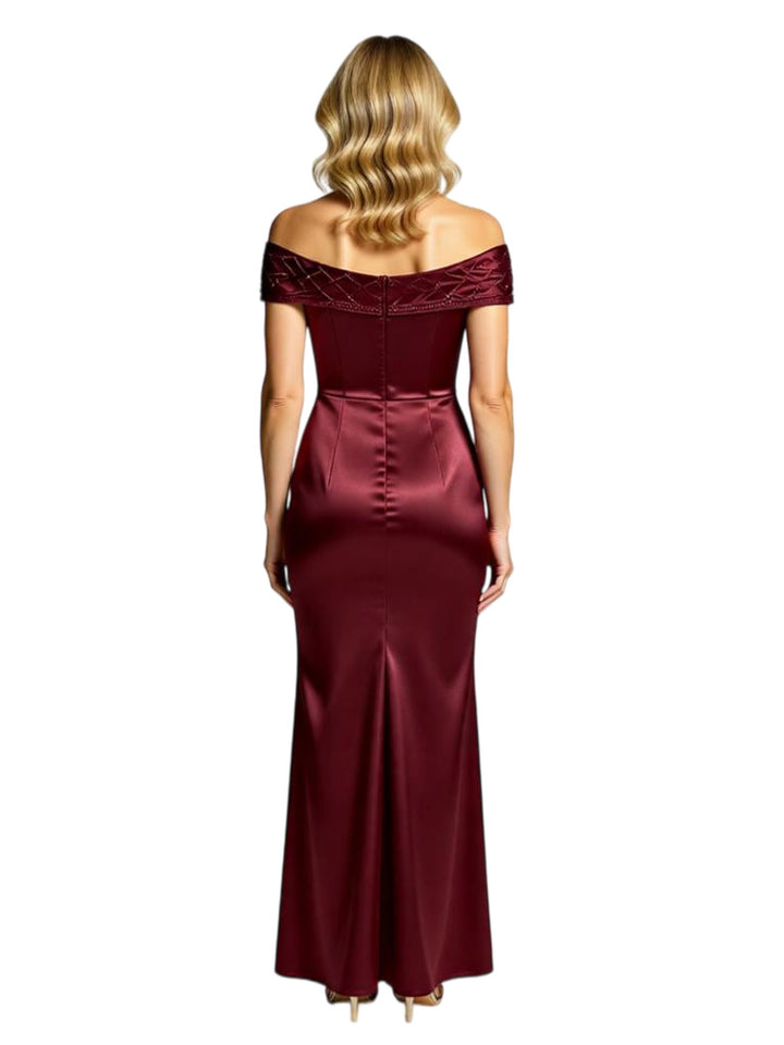 Chicsew Alluring Beaded Off Shoulder Sleeveless Satin Mermaid Mother of The Bride Dress
