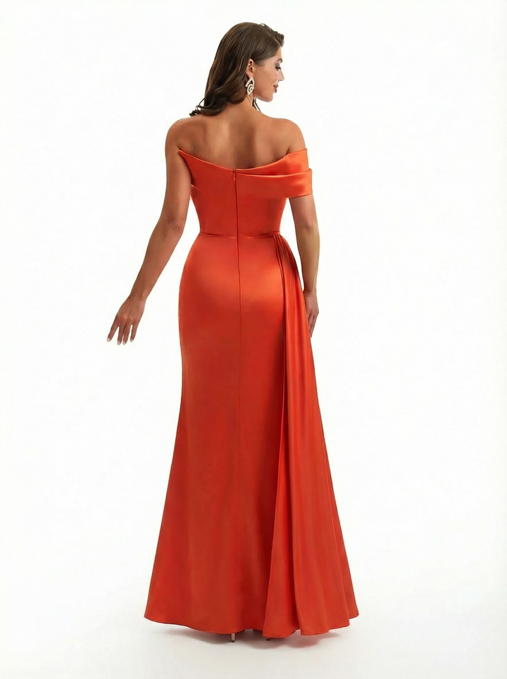 Sexy One Shoulder Mermaid Ruched Soft Satin Floor Length Formal Evening Dresses Side Slit