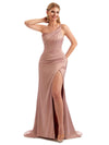 Sexy One Shoulder Side Slit Long Satin Unique Formal Bridesmaid Dresses Online