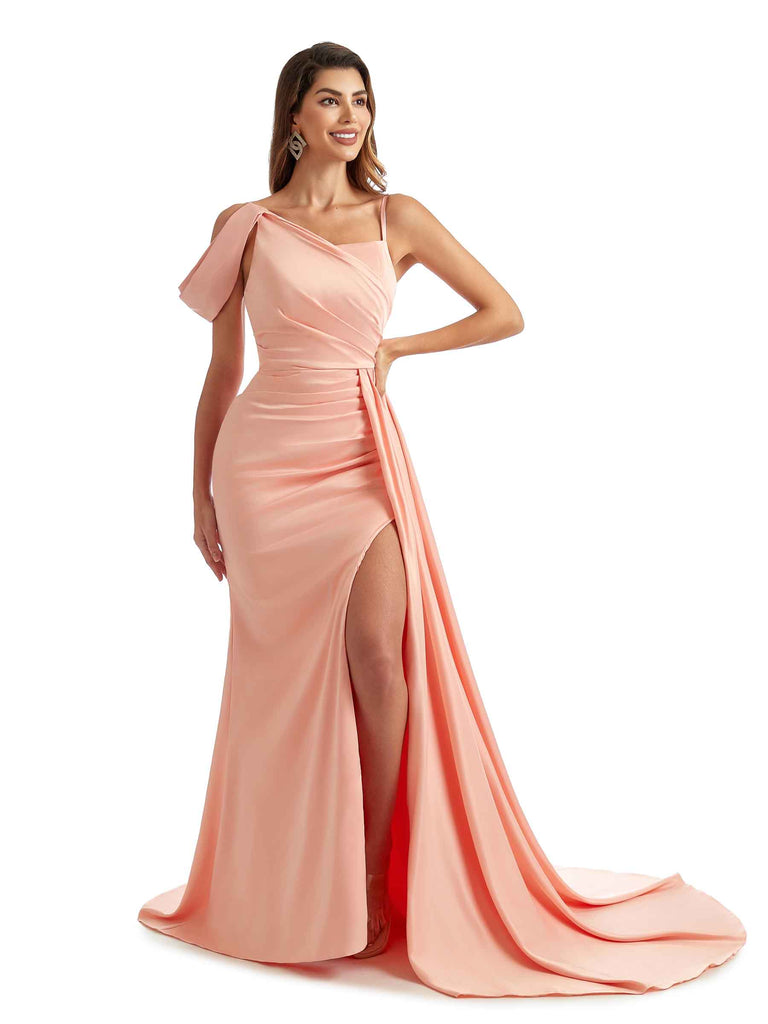 Sexy Side Split Spaghetti Straps Long Satin Unique Formal Bridesmaid Dresses Online