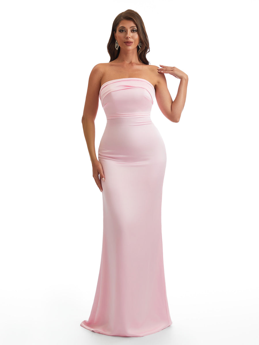 Simple Strapless Mermaid Silky Satin Long Bridesmaid Dresses With Bow Knot