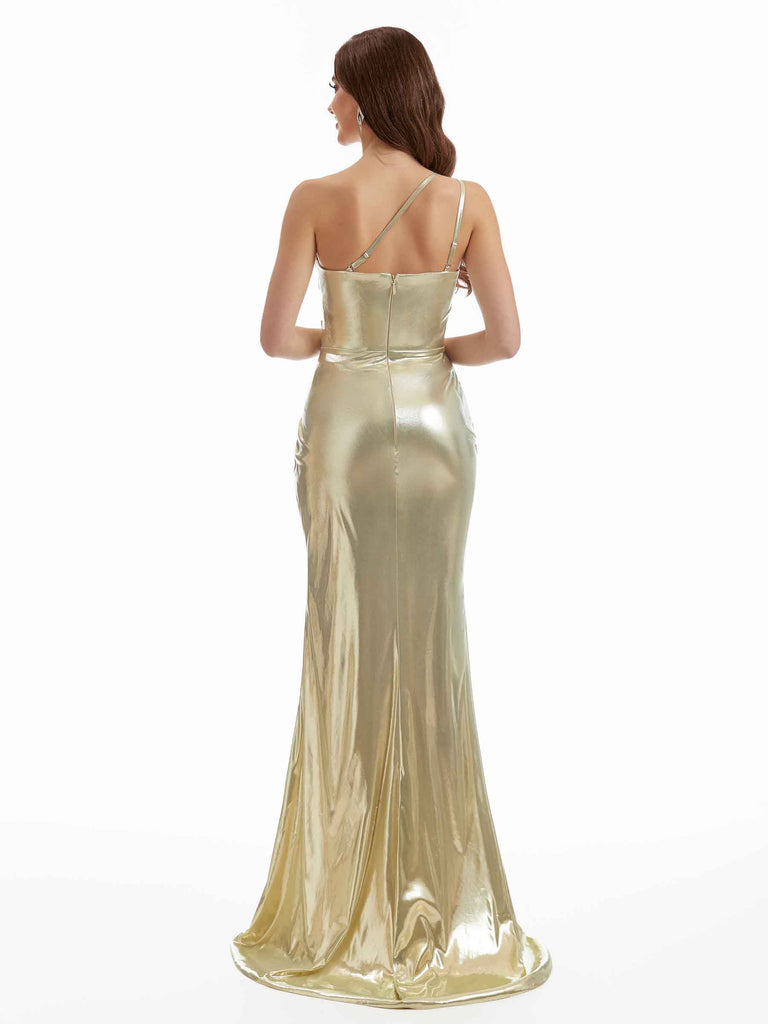 Sexy One Shoulder Side Split Mermaid Pleated Metallic Long Dresses Online