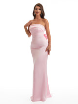 Simple Strapless Mermaid Silky Satin Long Bridesmaid Dresses With Bow Knot
