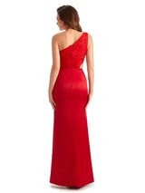 Sexy Side Slit Mermaid Lace Silky Satin One Shoulder Chic Long Evening Formal Dresses