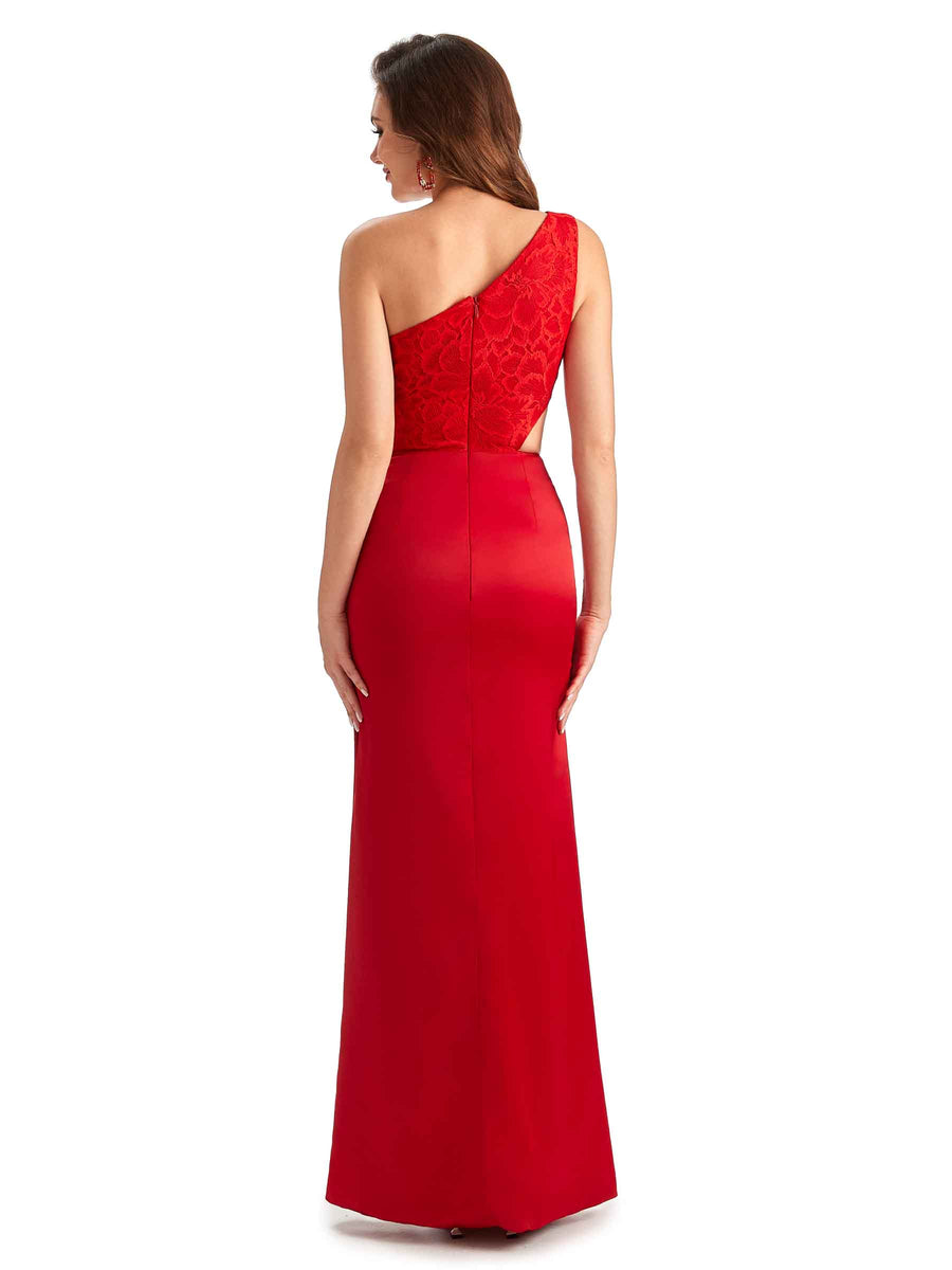 Sexy Side Slit Mermaid Lace Silky Satin One Shoulder Chic Long Bridesmaid Dresses