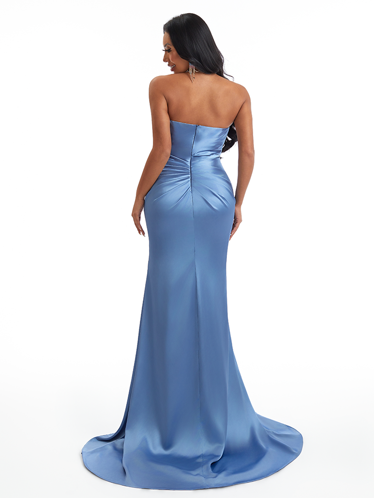 Sexy Strapless Mermaid Soft Satin Side Slit Ruched Long Bridesmaid Dresses Online