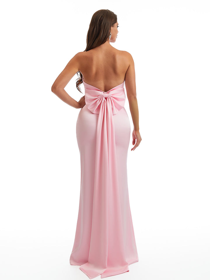 Simple Strapless Mermaid Silky Satin Long Bridesmaid Dresses With Bow Knot