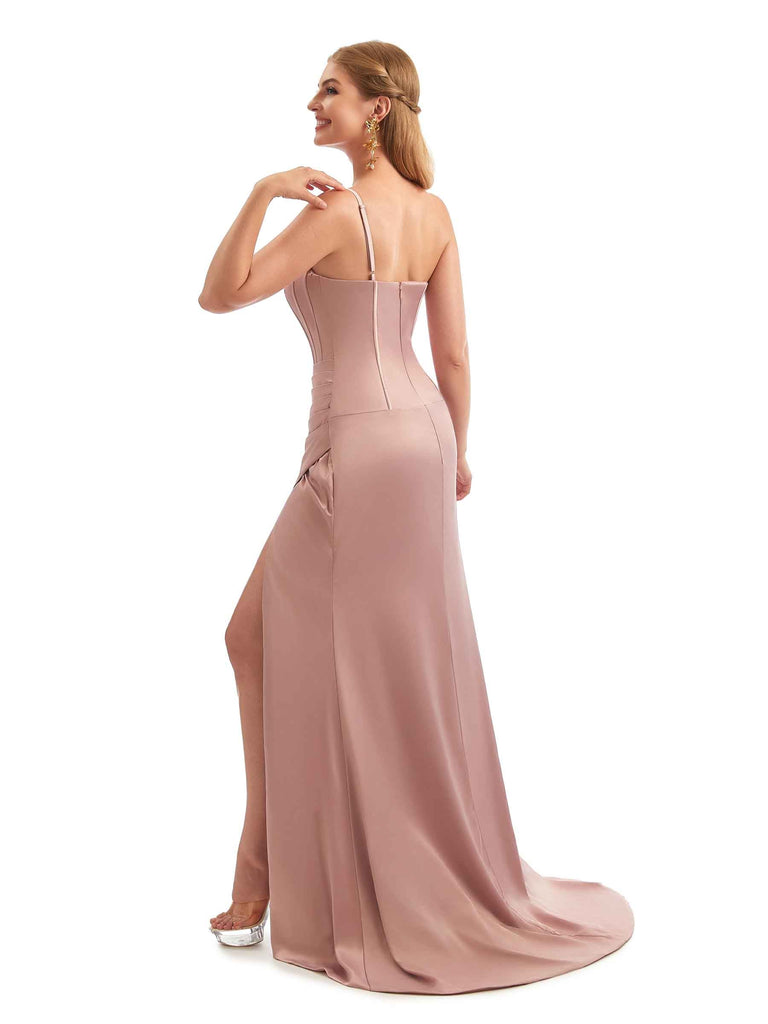 Sexy One Shoulder Side Slit Long Satin Unique Formal Bridesmaid Dresses Online