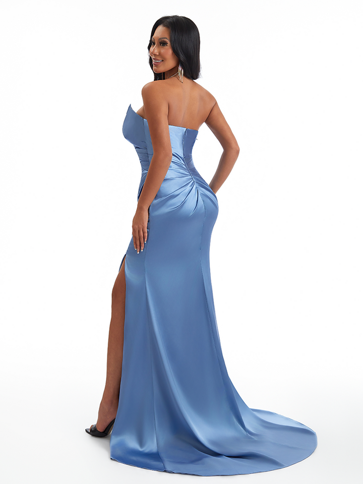 Sexy Strapless Mermaid Soft Satin Side Slit Ruched Long Bridesmaid Dresses Online