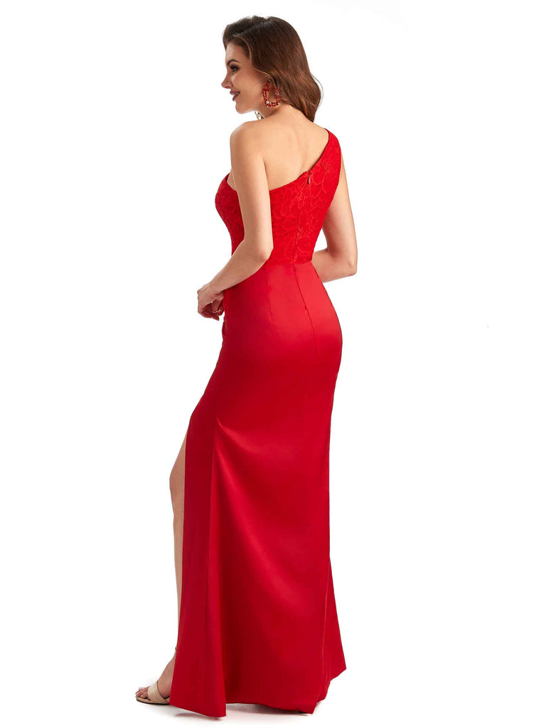 Sexy Side Slit Mermaid Lace Silky Satin One Shoulder Chic Long Bridesmaid Dresses
