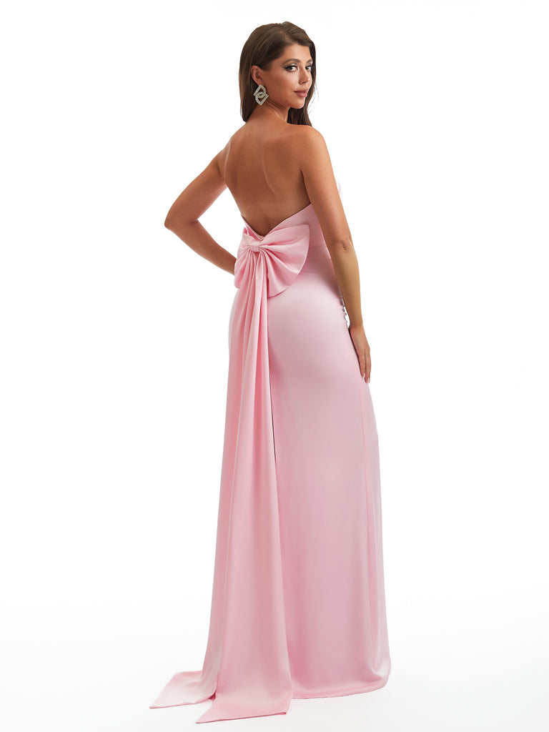 Simple Strapless Mermaid Silky Satin Long Bridesmaid Dresses With Bow Knot