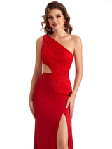 Sexy Side Slit Mermaid Lace Silky Satin One Shoulder Chic Long Evening Formal Dresses