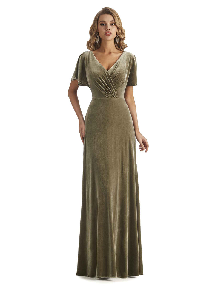 Elegant Mermaid V-neck Short Sleeves Unique Velvet Long Wedding Guest Dresses