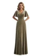 Elegant Mermaid V-neck Short Sleeves Unique Velvet Long Wedding Guest Dresses