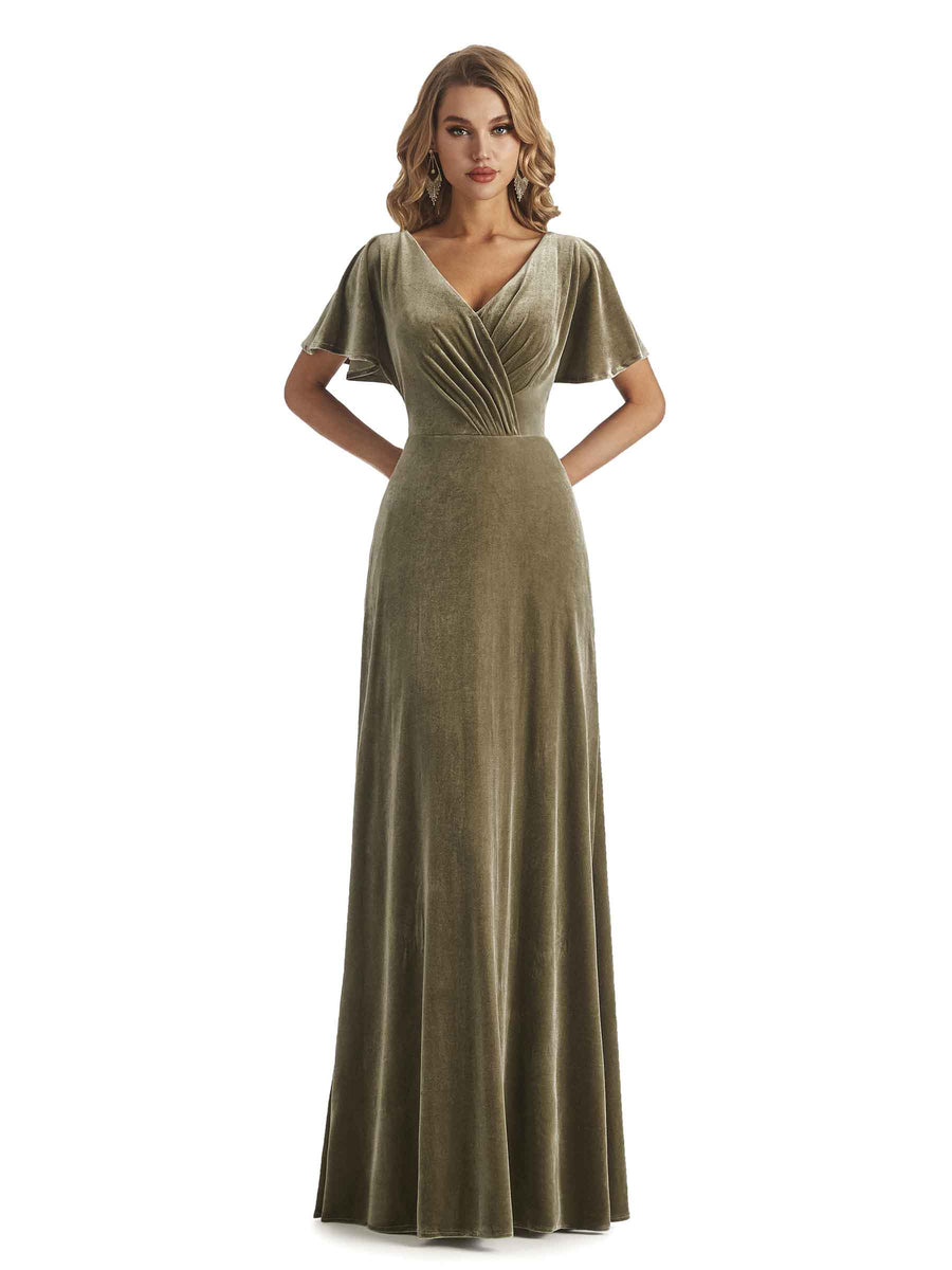 Elegant Mermaid V-neck Short Sleeves Unique Velvet Long Bridesmaid Dresses