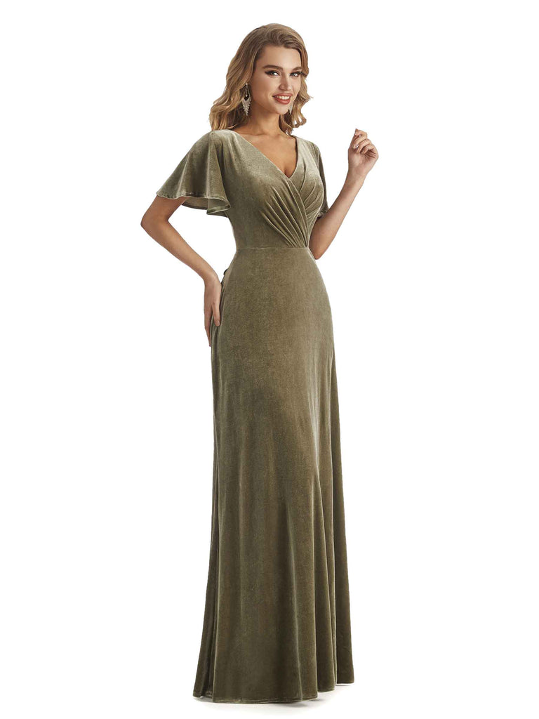 Elegant Mermaid V-neck Short Sleeves Unique Velvet Long Wedding Guest Dresses- ChicSew Elegant Mermaid V-neck Short Sleeves Unique Velvet Long Wedding Guest Dresses- ChicSew