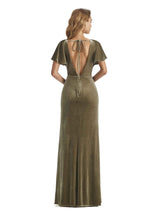 Elegant Mermaid V-neck Short Sleeves Unique Velvet Long Wedding Guest Dresses