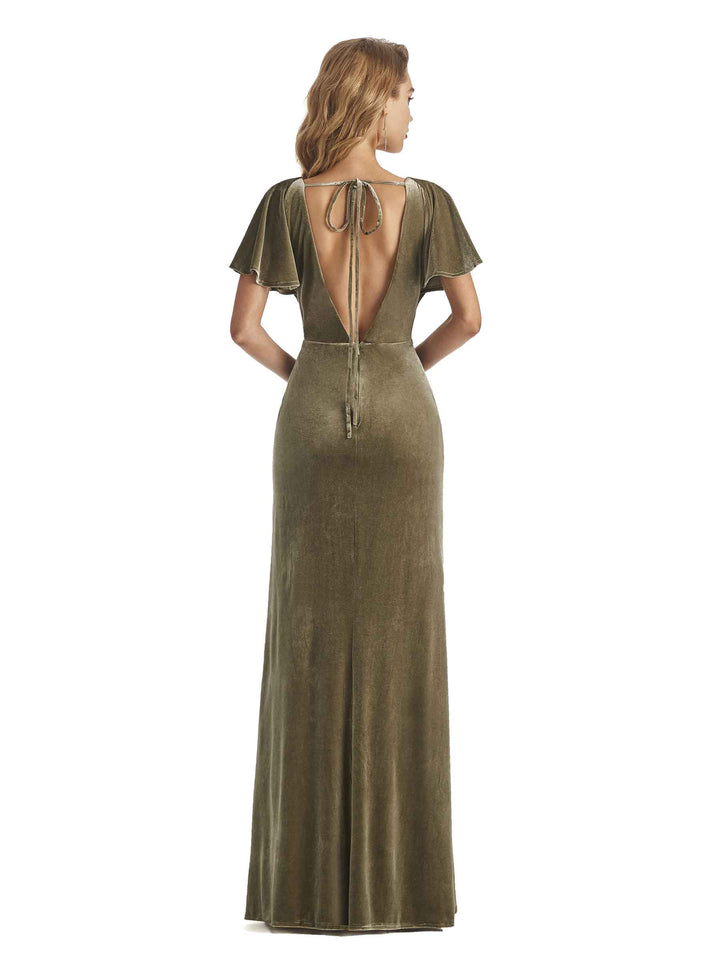 Elegant Mermaid V-neck Short Sleeves Unique Velvet Long Wedding Guest Dresses
