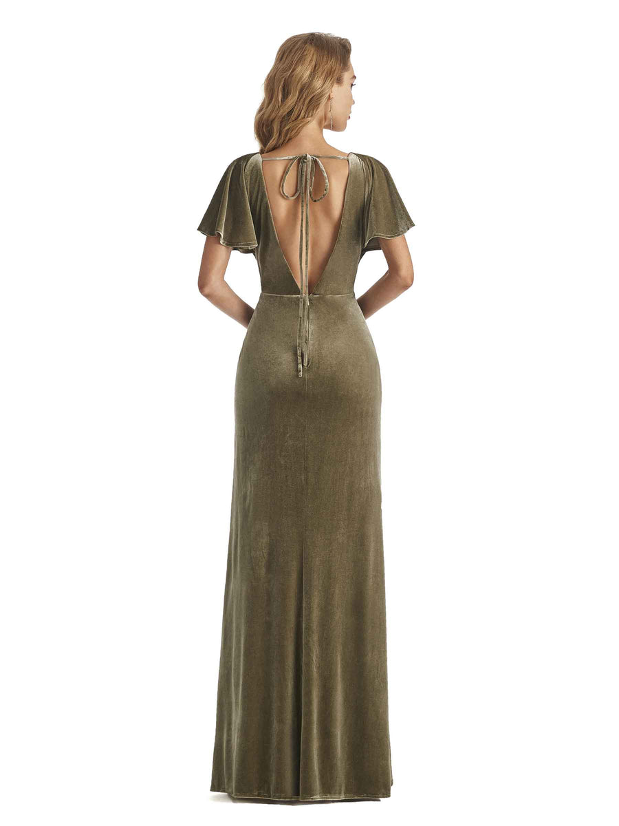 Elegant Mermaid V-neck Short Sleeves Unique Velvet Long Bridesmaid Dresses