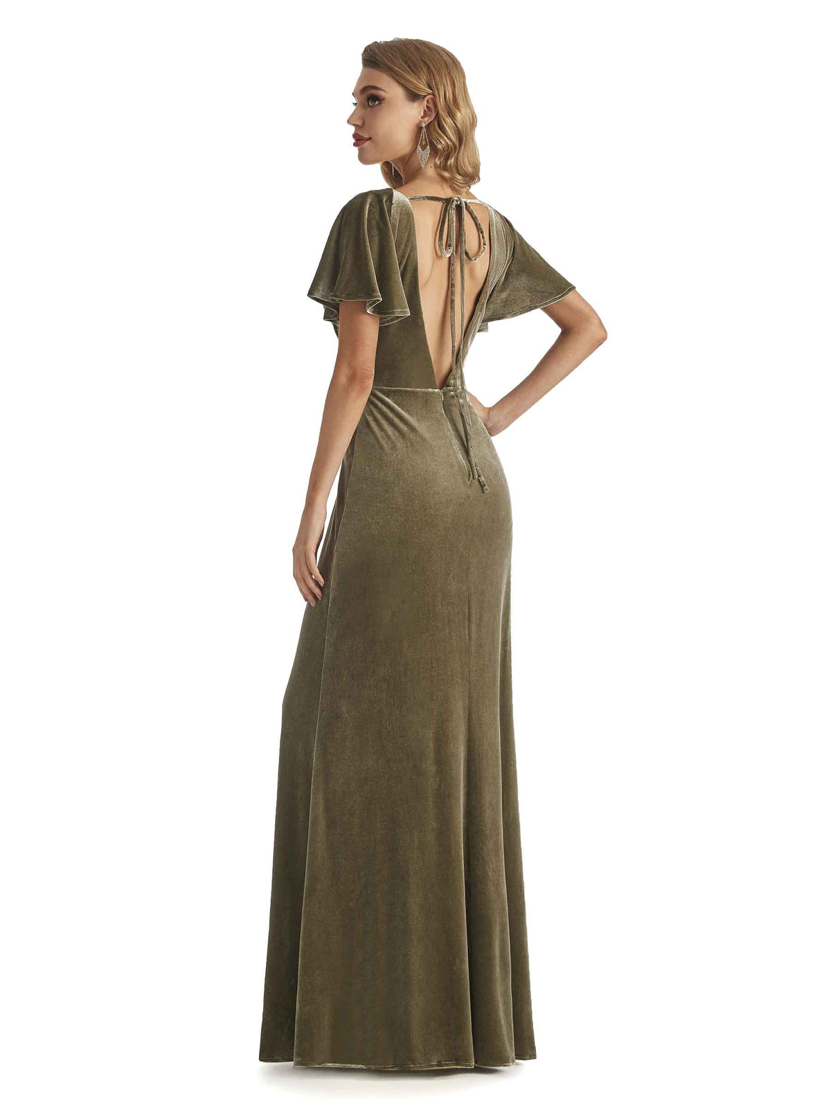 Elegant Mermaid V-neck Short Sleeves Unique Velvet Long Bridesmaid Dresses