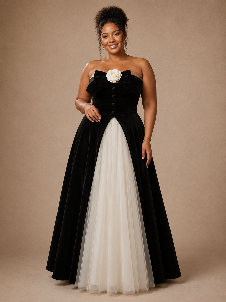 ChicSew Elegant Strapless Black & White A-Line Velvet Tulle Maxi Wedding Dress