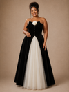 ChicSew Elegant Strapless Black & White A-Line Velvet Tulle Maxi Wedding Dress