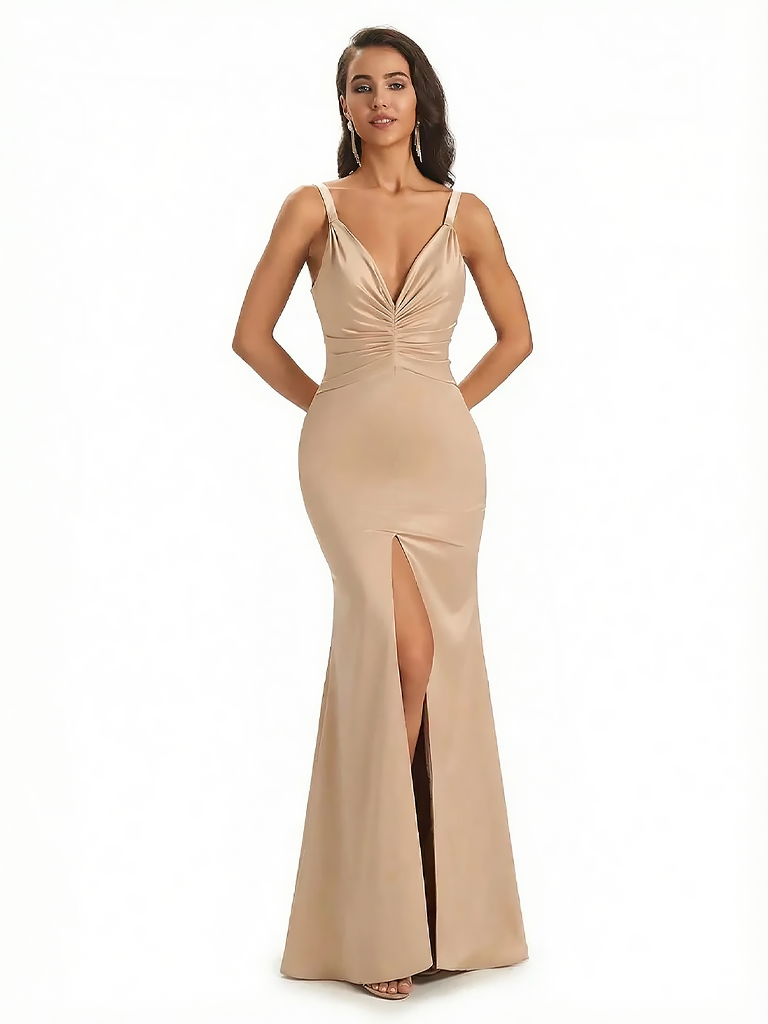 Trendy Spaghetti Straps V-Neck Silky Satin Mermaid Long Evening Gown Dresses For Women