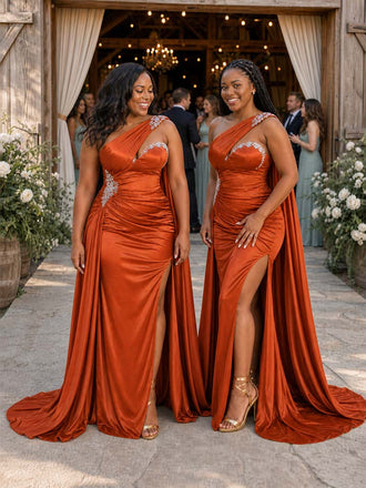 ChicSew Unique One Shoulder Ruched Mermaid Side Slit Soft Satin Long Bridesmaid Dresses