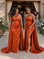ChicSew Unique One Shoulder Ruched Mermaid Side Slit Soft Satin Long Bridesmaid Dresses