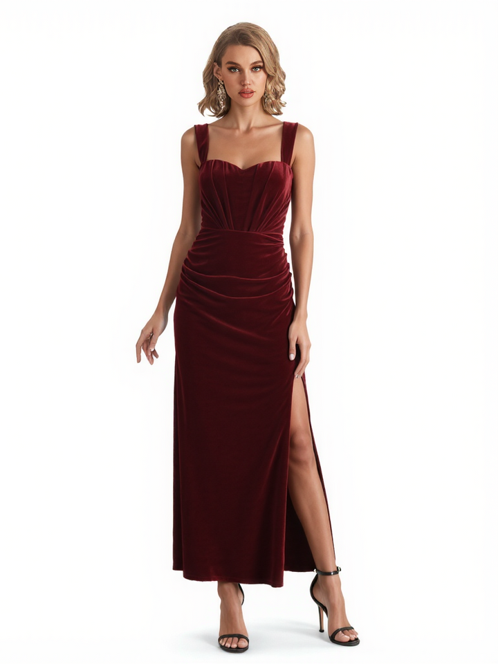 Elegant Spaghetti Straps Sweetheart Side Slit Mermaid Velvet Ankle-Length Formal Dresses