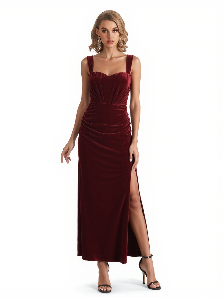 Elegant Spaghetti Straps Sweetheart Side Slit Mermaid Velvet Ankle-Length Mother of The Dresses