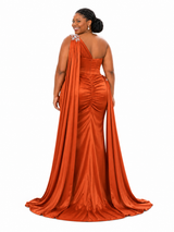 ChicSew Unique One Shoulder Ruched Mermaid Side Slit Soft Satin Long Bridesmaid Dresses