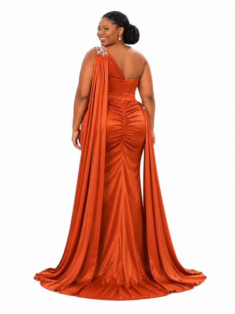 ChicSew Unique One Shoulder Ruched Mermaid Side Slit Soft Satin Long Bridesmaid Dresses