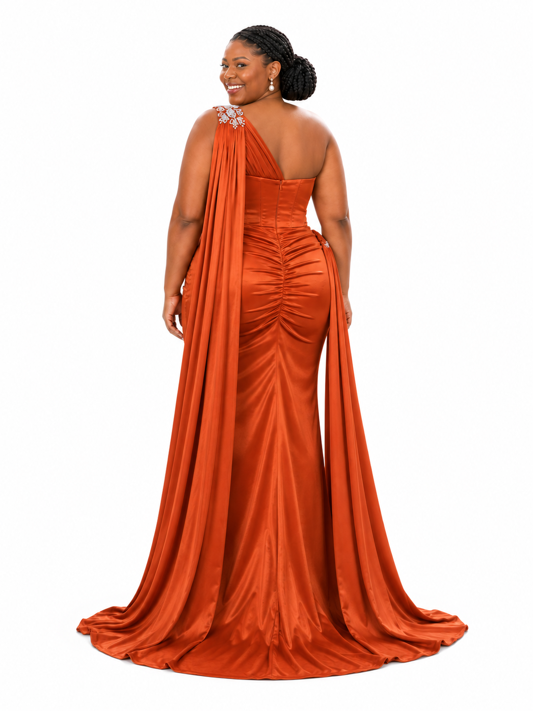 ChicSew Unique One Shoulder Ruched Mermaid Side Slit Soft Satin Long Bridesmaid Dresses