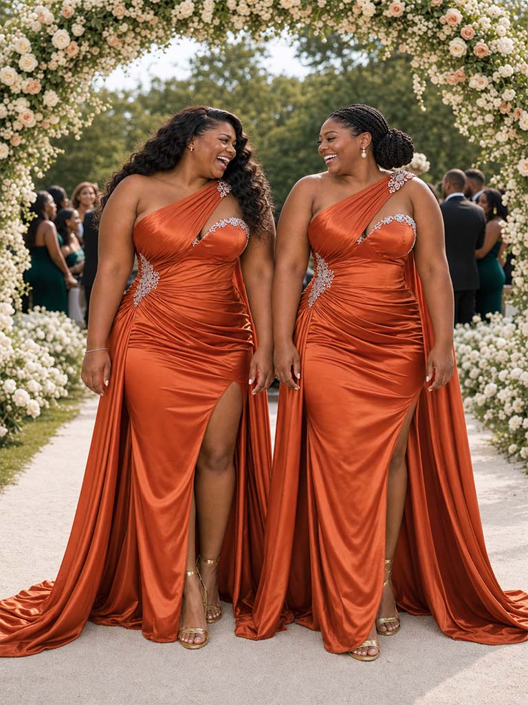ChicSew Unique One Shoulder Ruched Mermaid Side Slit Soft Satin Long Bridesmaid Dresses