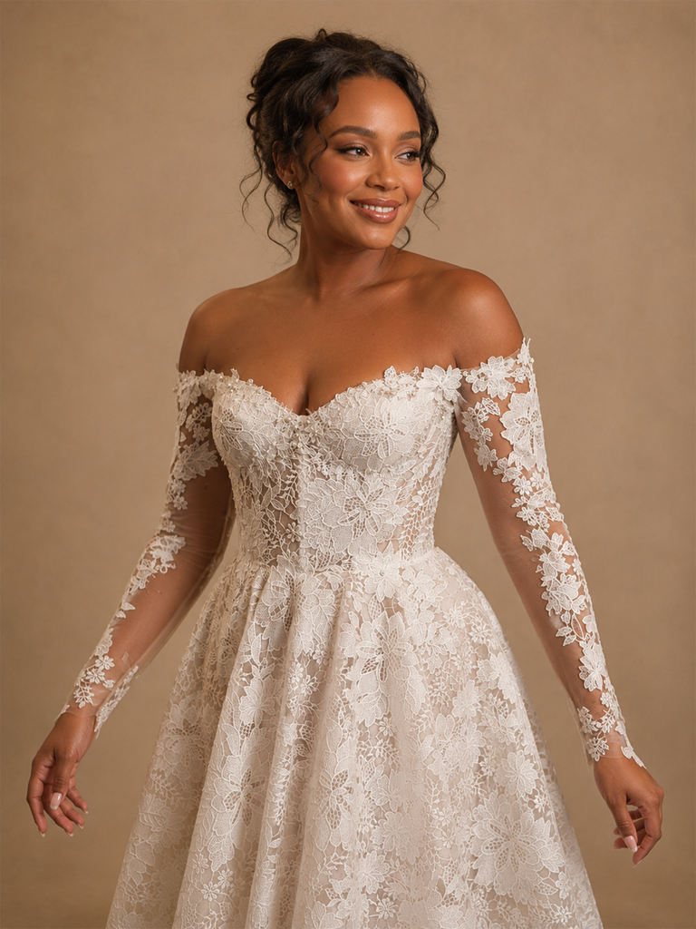 ChicSew Romantic Unique Sweetheart Long Sleeves Long A-Line Lace Wedding Dress