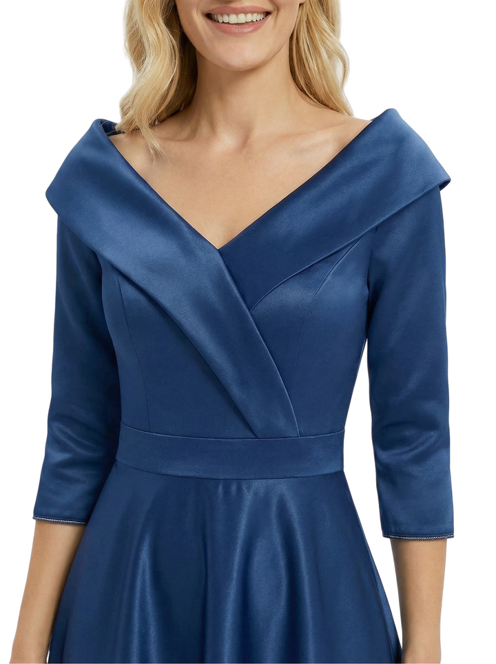 Chicsew Modern Off Shoulder 3/4 Sleeve Satin Mother of The Groom Dress Midi A-Line Formal Gown