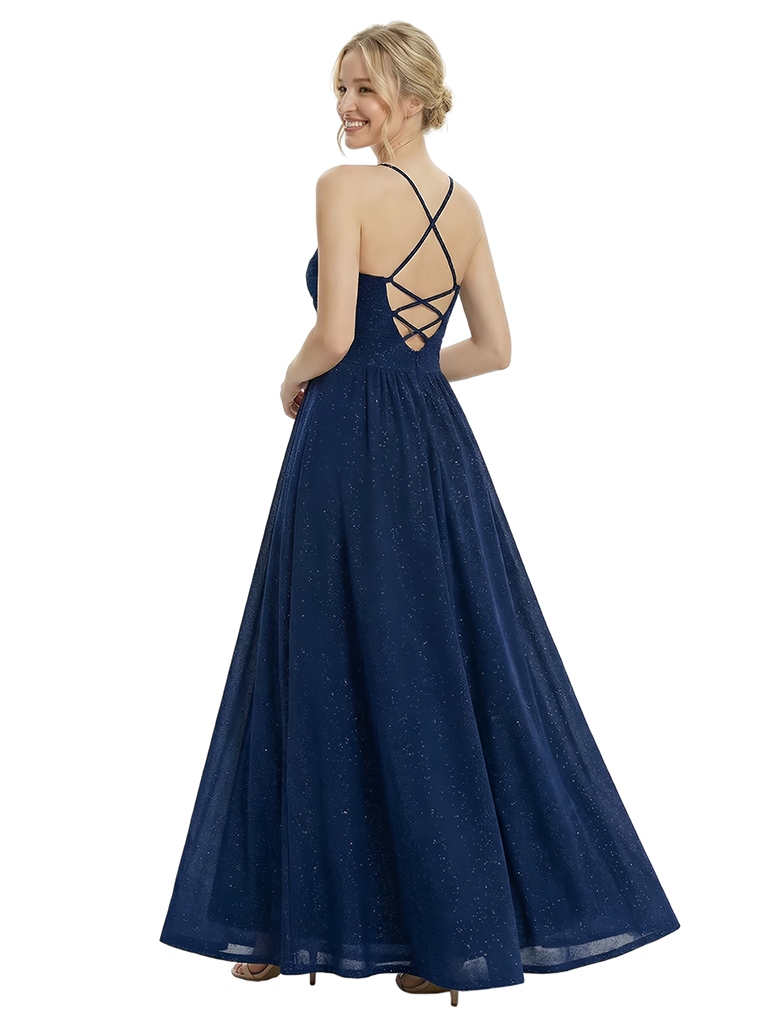 ChicSew Sparkly Spaghetti Straps Glitter Jersey Long A-line Party Prom Dress