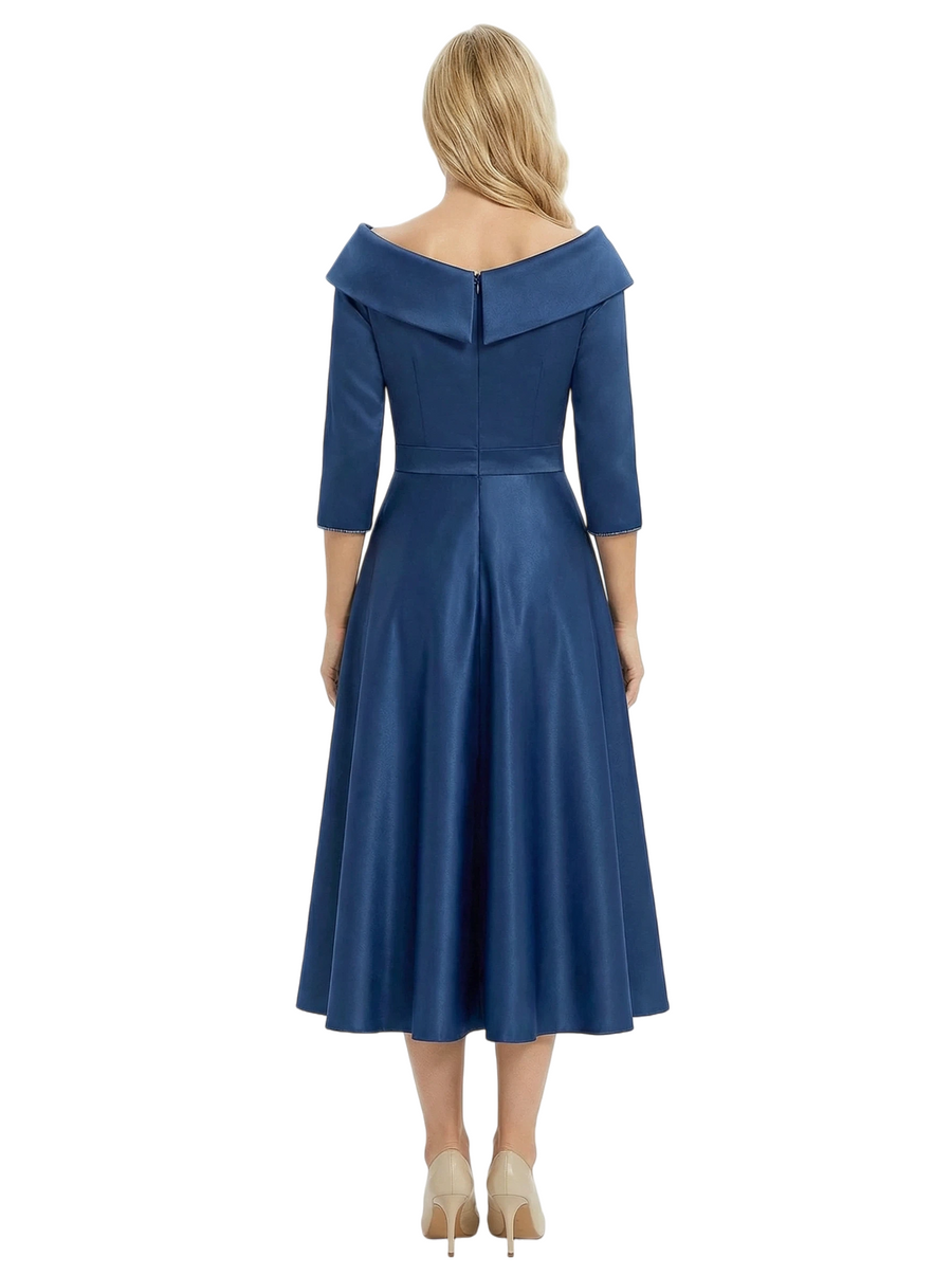 Chicsew Modern Off Shoulder 3/4 Sleeve Satin Mother of The Groom Dress Midi A-Line Formal Gown