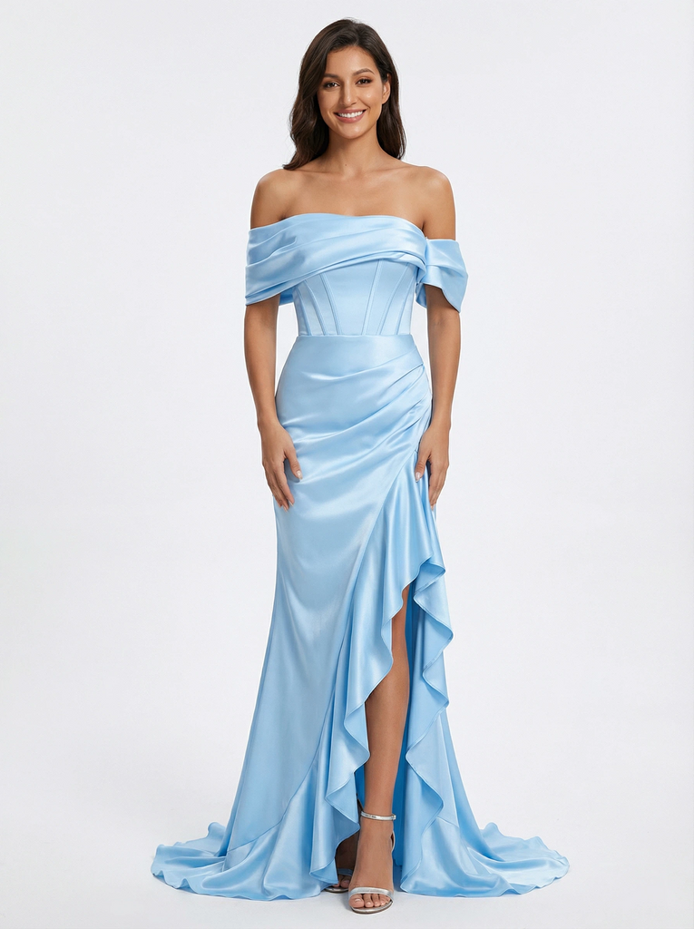 Elegant Off the Shoulder Ruffles Mermaid Prom Dress with Slit