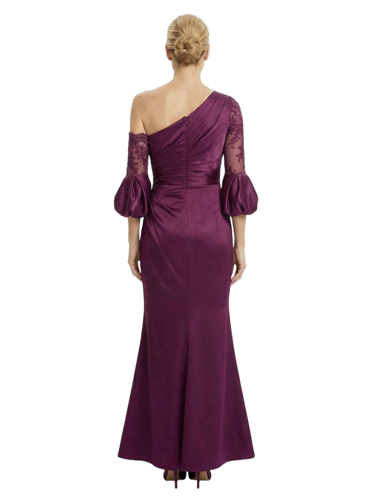 Chicsew Pretty One Shoulder Lace Puff Sleeve Satin Mother of The Bride Dress Long Mermaid Gown
