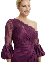 Chicsew Pretty One Shoulder Lace Puff Sleeve Satin Mother of The Bride Dress Long Mermaid Gown