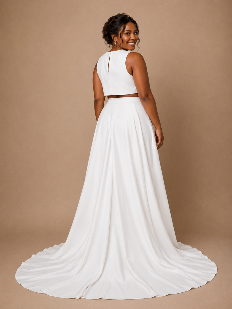 ChicSew Modern Unique Sleeveless Two-Piece Crepe Floor-Length Wedding Pantsuit With Overskirt