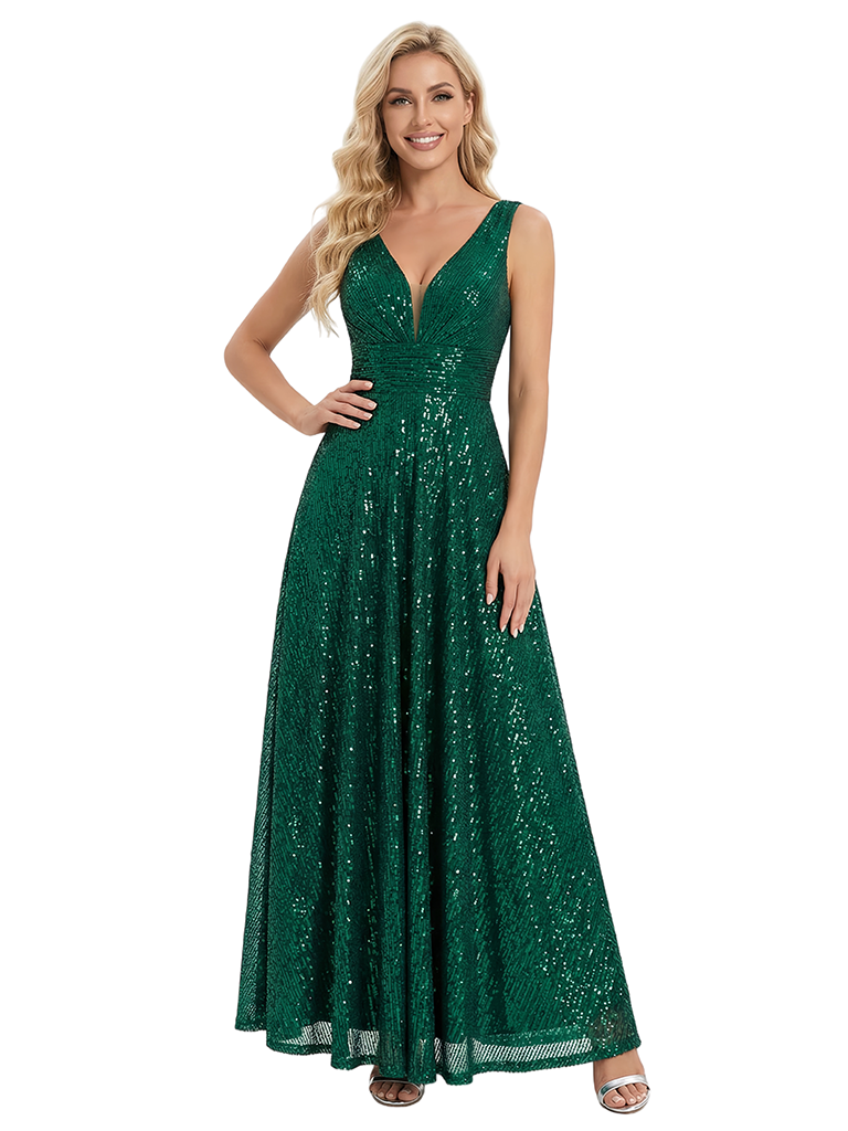 ChicSew Sparkly Sequins V-neck A-line Long Party Prom Dress
