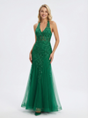Elegant Halter Lace Appliques Tulle Prom Dress