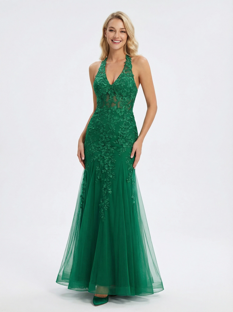 Elegant Halter Lace Appliques Tulle Prom Dress