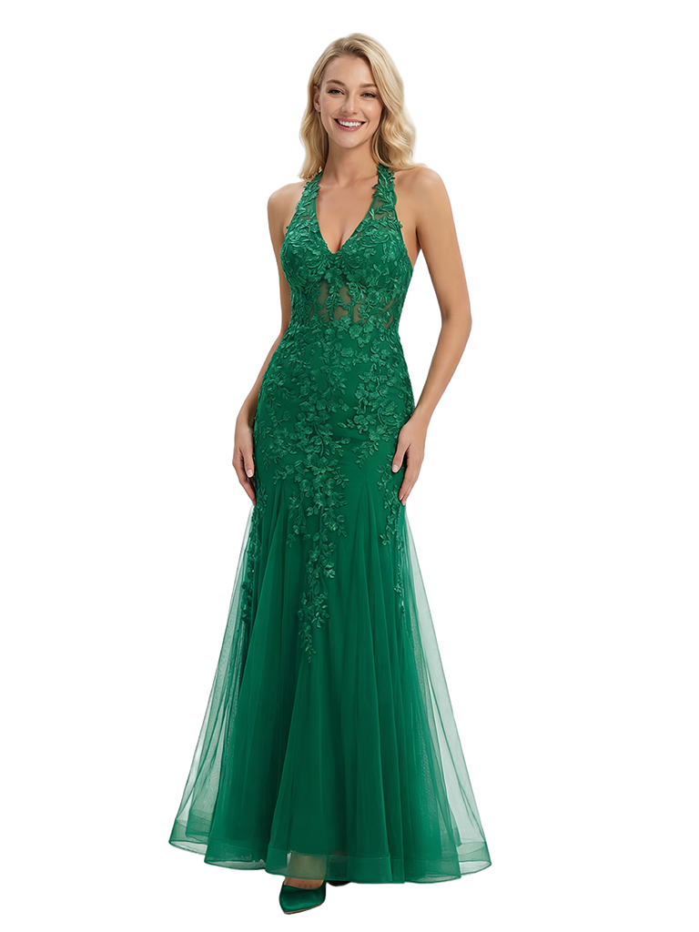 ChicSew Elegant Halter Lace Appliques Long Mermaid Party Tulle Prom Dress